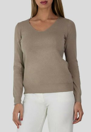 Pull beige avec un décolleté en V, des manches longues et un ourlet côtelé. Fabriqué à partir d'un tissu lisse et léger avec une coupe ajustée.