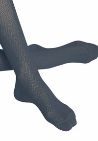 Collant blu navy con un motivo a spina di pesce testurizzato, con una finitura liscia e opaca sulle punte, realizzati in un tessuto leggero.