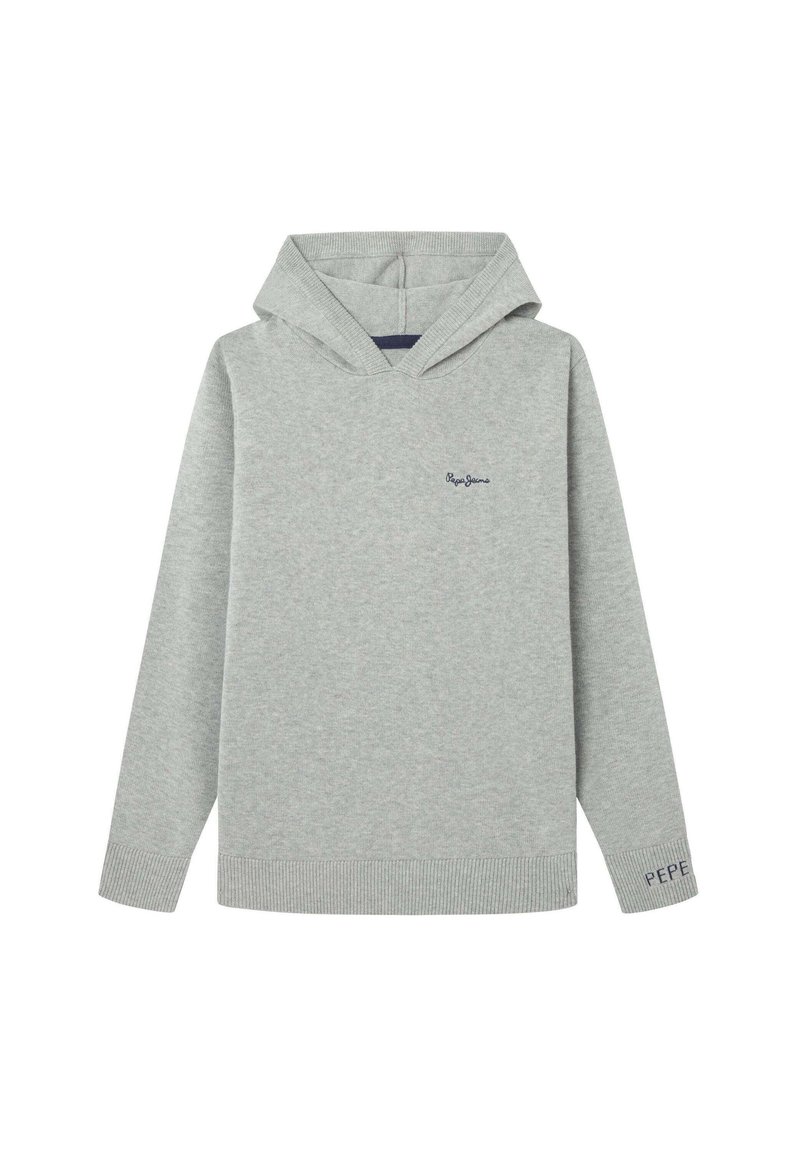 Sudadera con capucha gris, de manga larga, con puños y dobladillo acanalados. Presenta un logo en el pecho y el texto "PEPE" en una de las mangas. Textura suave.