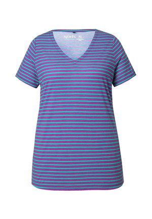 Fialové a tyrkysové pruhované tričko s krátkým rukávem a výstřihem do V. Vyrobeno z měkkého materiálu s běžným střihem a rovnoměrným vzorem pruhů.