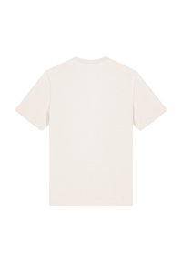 T-shirt en coton beige à manches courtes, col rond et coupe décontractée. Le tissu semble lisse et a une texture légère.