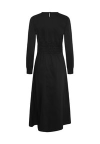 Robe midi noire à manches longues vue de dos, avec une taille froncée et une petite fermeture boutonnée en goutte d'eau au niveau du cou.