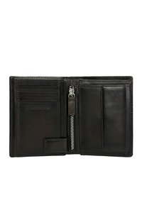 Black leather wallet with multiple card slots, a zippered coin pocket, and smooth finish. Interior features distinct stitching and compartments.