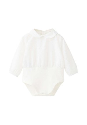 Body bébé blanc à manches longues avec col Claudine et boutons-pression à l'entrejambe sur fond blanc.