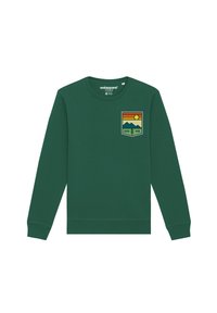 Groene sweatshirt met een ronde hals, uitgerust met een patch van een zonsondergang, bergen en de tekst "GOOD VIBE". Gemaakt van zachte stof.