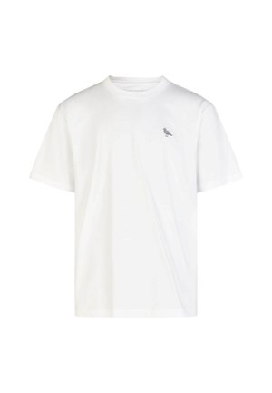 Weißes Baumwoll-T-Shirt mit Rundhalsausschnitt und kurzen Ärmeln. Mit einem kleinen grauen Vogel-Graphic auf der linken Brust. Weiche Textur, lässige Passform.