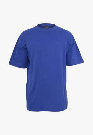 Rövid ujjú, egyszínű kék póló, pamutból készült. Standard kereknyakú dizájn, laza szabással, további minták vagy részletek nélkül.