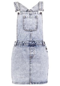 Ljust blå acid-wash denim overallklänning med framficka, justerbara axelremmar, sidoknappar och en rak kjol.