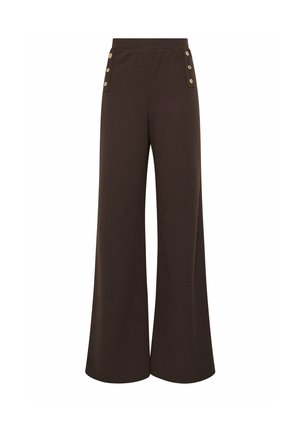 Szerokie spodnie o ciemnym brązowym kolorze, z wysokim stanem i dwoma rzędami po cztery guziki z przodu, w pobliżu bioder.