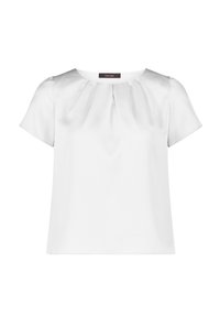 Weiße Kurzarmbluse aus glattem Stoff mit rundem Halsauschnitt und zarten Falten an der Vorderseite. Das Etikett trägt die Aufschrift "Vera Mont."