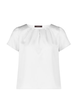 Weiße Kurzarmbluse aus glattem Stoff mit rundem Halsauschnitt und zarten Falten an der Vorderseite. Das Etikett trägt die Aufschrift "Vera Mont."