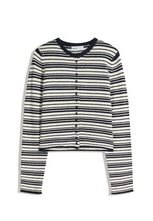 Pruhovaný kardigán v námorníckej modrej a bielej farbe, vyrobený zo štruktúrovanej pleteniny. Má okrúhly výstrih, predné gombíky a dlhé rukávy.