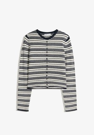 Pruhovaný kardigán v námorníckej modrej a bielej farbe, vyrobený zo štruktúrovanej pleteniny. Má okrúhly výstrih, predné gombíky a dlhé rukávy.