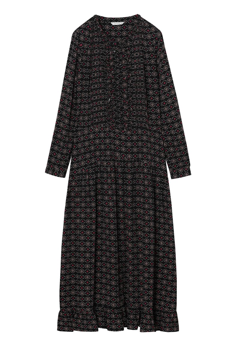 Maxi sukienka z czarnego materiału w czerwono-białe wzory w romby, z długimi rękawami, okrągłym dekoltem i falbaną u dołu.