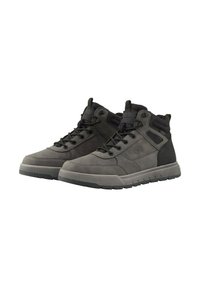 Zapatillas altas gris de ante y textil, con suelas texturizadas, diseño de cordones y tira en el talón.
