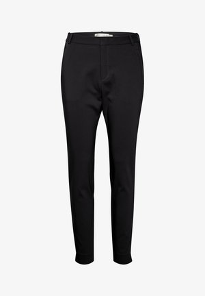 Czarne spodni długie o dopasowanym kroju, wykonane z gładkiego materiału. Posiadają boczne kieszenie i zamek błyskawiczny, wykończone prostym pasem.