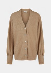 Beige Cardigan aus weichem Stoff, mit V-Ausschnitt, Knopfverschluss und Ballonärmeln mit gerippten Bündchen, strukturiertes Erscheinungsbild.