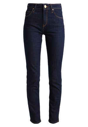 Donkerblauwe denim jeans met een slim fit, hoge taille en zichtbare stiksels. Bevat een knoop- en ritsluiting en zijzakken.