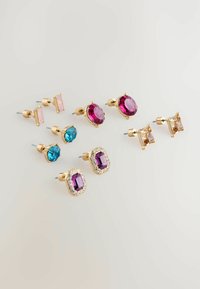 Set of four pairs of stud earrings featuring colorful gemstones in oval, rectangular, and square shapes, with gold-tone metal and sparkly accents.