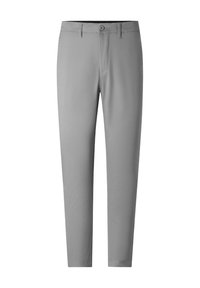 Grijze trousers gemaakt van een geweven stof, met een knoopsluiting, riemlussen en een recht model zonder zichtbare patronen.