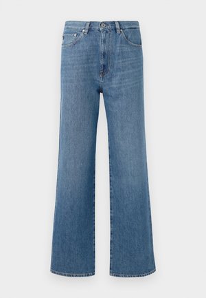 Light blue denim wide-leg jeans with a high waist, featuring a front button closure, five pockets, and a clean hem finish.
