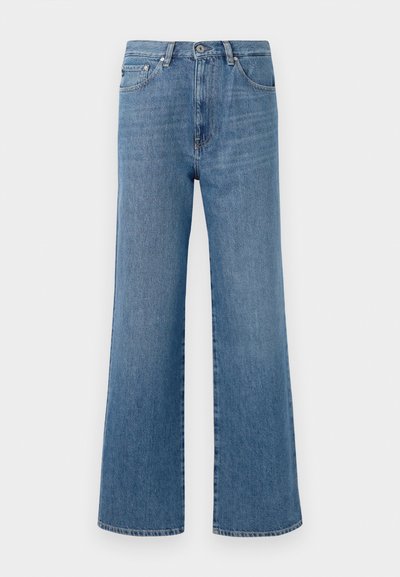 Gaiši zili denim platmalu džinsi ar augstu jostasvietu, ar priekšējo pogu aizdari, piecām kabatām un gludu apakšmalu.