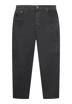 Czarne zwężane spodnie z zapięciem na guziki, przednimi kieszeniami oraz subtelnymi przetarciami na udach.