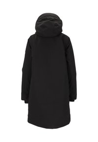 Svart utomhusparka med huva, som har en längd till mitten av låret, en slät textur och en minimalistisk design. Inga synliga detaljer eller mönster.