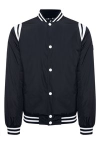 Schwarze Bomberjacke mit weißen gestreiften Akzenten an den Ärmeln und einem gerippten Kragen. Mit vorderen Druckknöpfen und elastischen Bündchen sowie Saum.