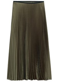 Jupe plissée vert olive jusqu'aux genoux avec une ceinture élastique noire et une texture de tissu lisse et fluide.