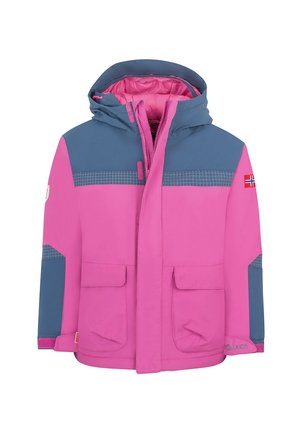 Pink- und blaufarbene wasserdichte Jacke mit Kapuze, zwei Fronttaschen, kontrastierenden Ärmeln und einem Karomuster auf der Brust.