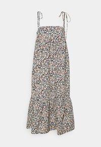 Blumen-Maxi-Kleid mit dünnen Bindegurten, gepufftem Oberteil, schwarzem Hintergrund und pastellfarbenen Blumen; besitzt einen ausgestellt Rock mit Rüschensaum.