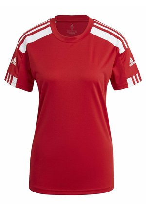 Rode sportieve t-shirt met witte schouderstrepen. Korte mouwen, ronde hals, gemaakt van gladde stof. Bevat het Adidas-logo op de mouwen.