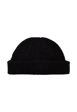 Black knitted beanie with a ribbed cuff and a rounded top. Made of soft material with a textured finish. Suitable for cold weather wear.