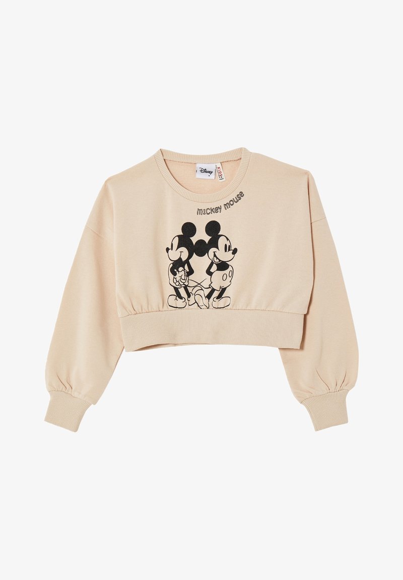 Sweat-shirt beige coupé dans un tissu doux, avec un motif graphique noir de Mickey Mouse et du texte. Poignets et ourlet côtelés pour plus de structure.