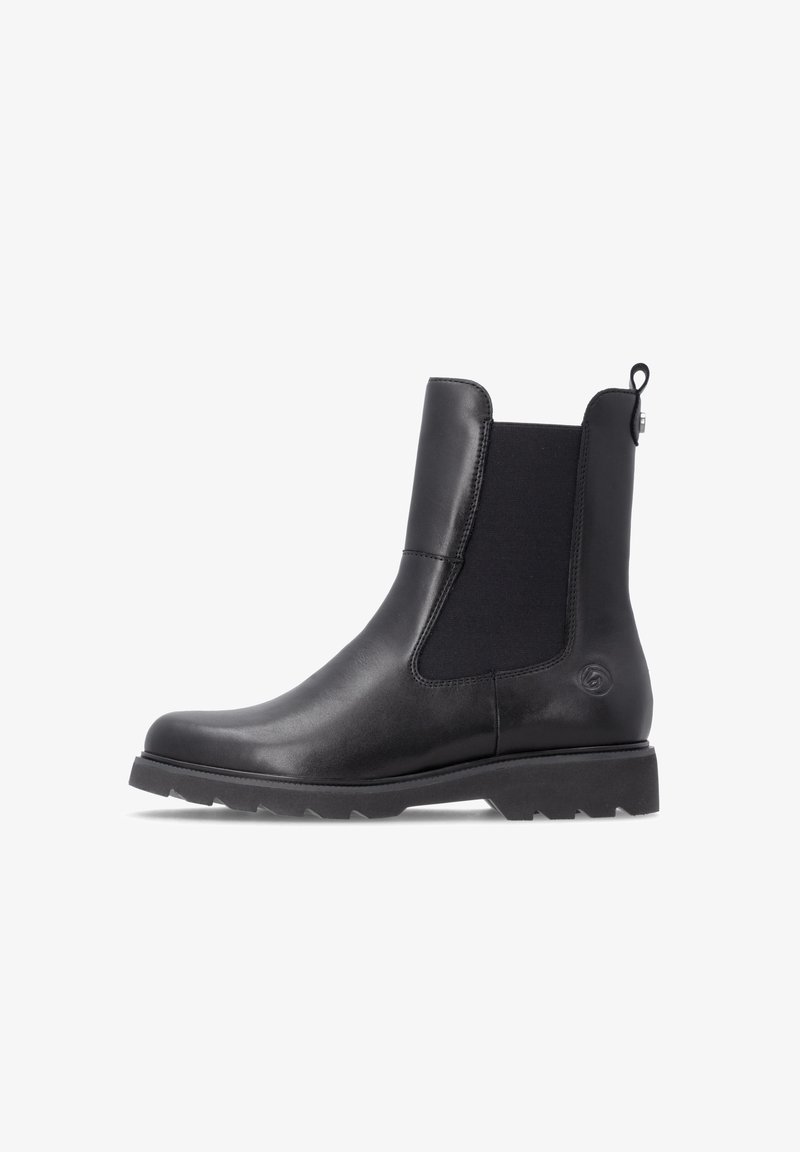 Black leather Chelsea boot with a thick treaded sole, elastic side panel, pull tab at the back, and smooth rounded toe, shown in profile.