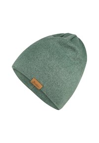 Soft wool beanie in muted green, featuring a textured finish and a tan leather brand patch on the side. Classic, fitted design.