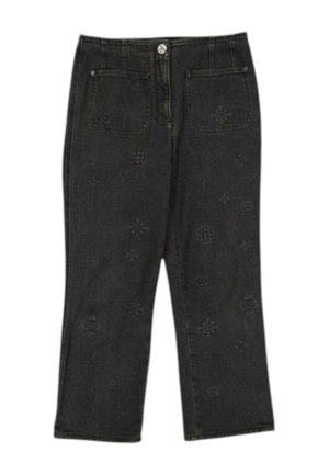 Pantalon en denim noir avec poches plaquées devant et motifs floraux et circulaires embossés subtils sur l’ensemble du tissu.