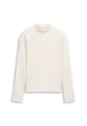 T-shirt à manches longues en crème, présentant une texture côtelée et un col légèrement volanté, avec un ourlet droit.