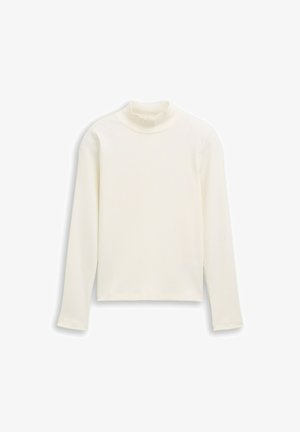 Krēmkrāsas garām piedurknēm turtleneck krekls ar ribotu tekstūru un nedaudz viļņotu apkakli, ar taisnu apakšējo malu.