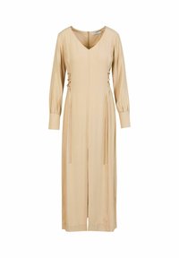 Robe midi beige à manches longues avec col en V, liens latéraux, poignets froncés et une fente à l'avant, présentée sur un fond blanc.