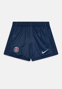 Navy athletic shorts made from breathable fabric, featuring an elastic waistband, side panels, and Paris Saint-Germain logo on the left.
