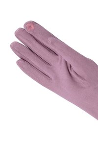 Guanti viola realizzati in un materiale morbido, con un delicato ricamo floreale sul polso e una superficie liscia e strutturata.