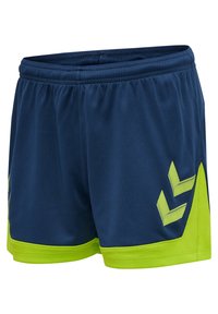 Shorts de sport bleu marine avec des accents vert lime, présentant une texture en maille, une taille élastique et un motif géométrique sur les côtés.