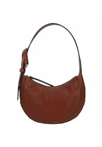 Borsa a spalla in pelle marrone con forma curva, rifiniture nere e una lunga tracolla. Presenta una chiusura con zip e dettagli in oro.