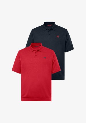 Two polo shirts, one red and one navy, made of soft fabric. Each features a collared neck and a small logo on the chest.