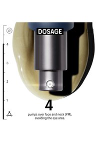 Close-up of a pump dispensing product with label "DOSAGE" and instruction indicating 4 pumps over face and neck, avoiding the eye area.