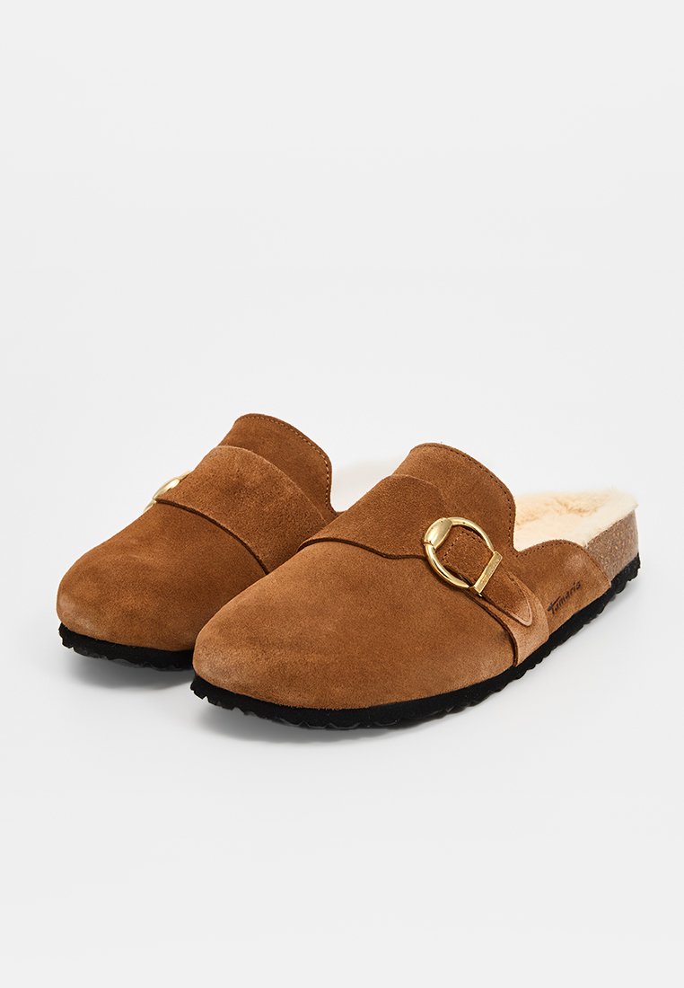 Bruine suede instapslippers met een gouden gespaccent, zachte binnenvoering en zwarte rubberen zool. Ronde teen en laag profiel ontwerp.