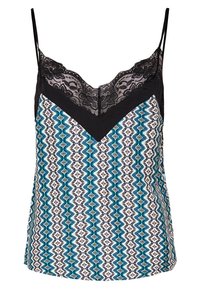 Ärmlös topp med ett turkost och vitt geometriskt mönster, svart spetskant och en V-ringning. Lättviktsmaterial.