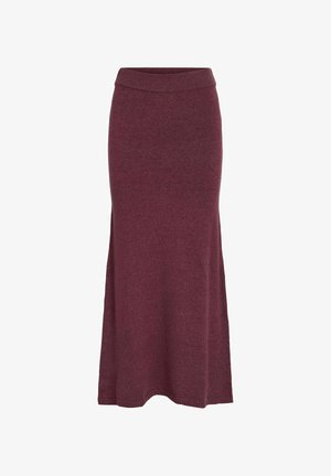 Burgundin värinen neulottu maksihame, jossa on tiukka vyötärö, hieman levenevä muoto, sileä rakenne ja ribattu yksityiskohta helmassa.